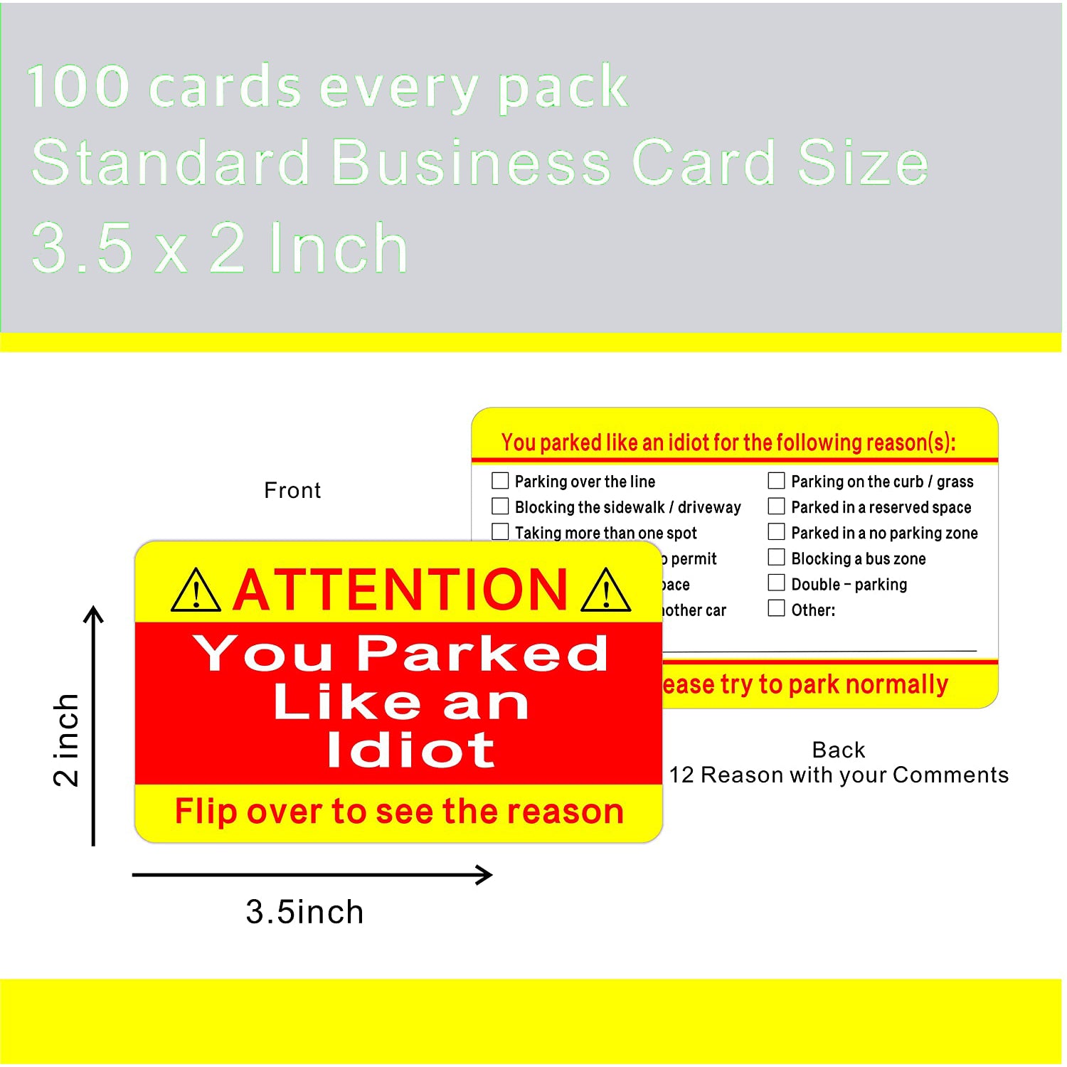 Gialer 100pack You Parked Like an Idiot Cards Bad Parking Cards 3.5"x2" Multi Reasons Violation
