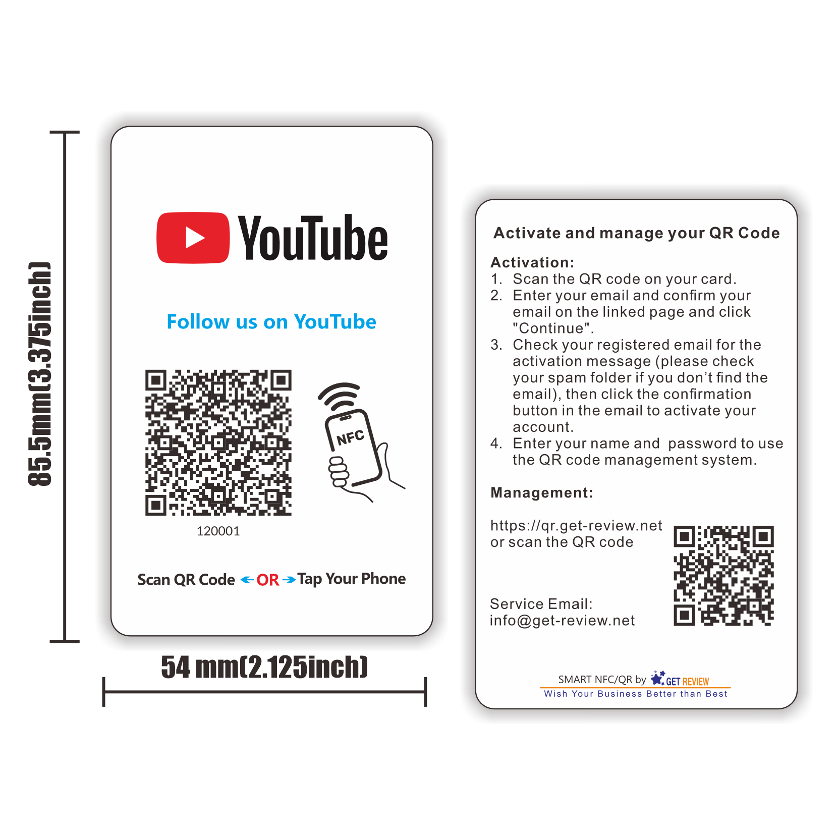 Follow Us On YouTube Card Touchless Reusable QR Code NFC Tap Review Card