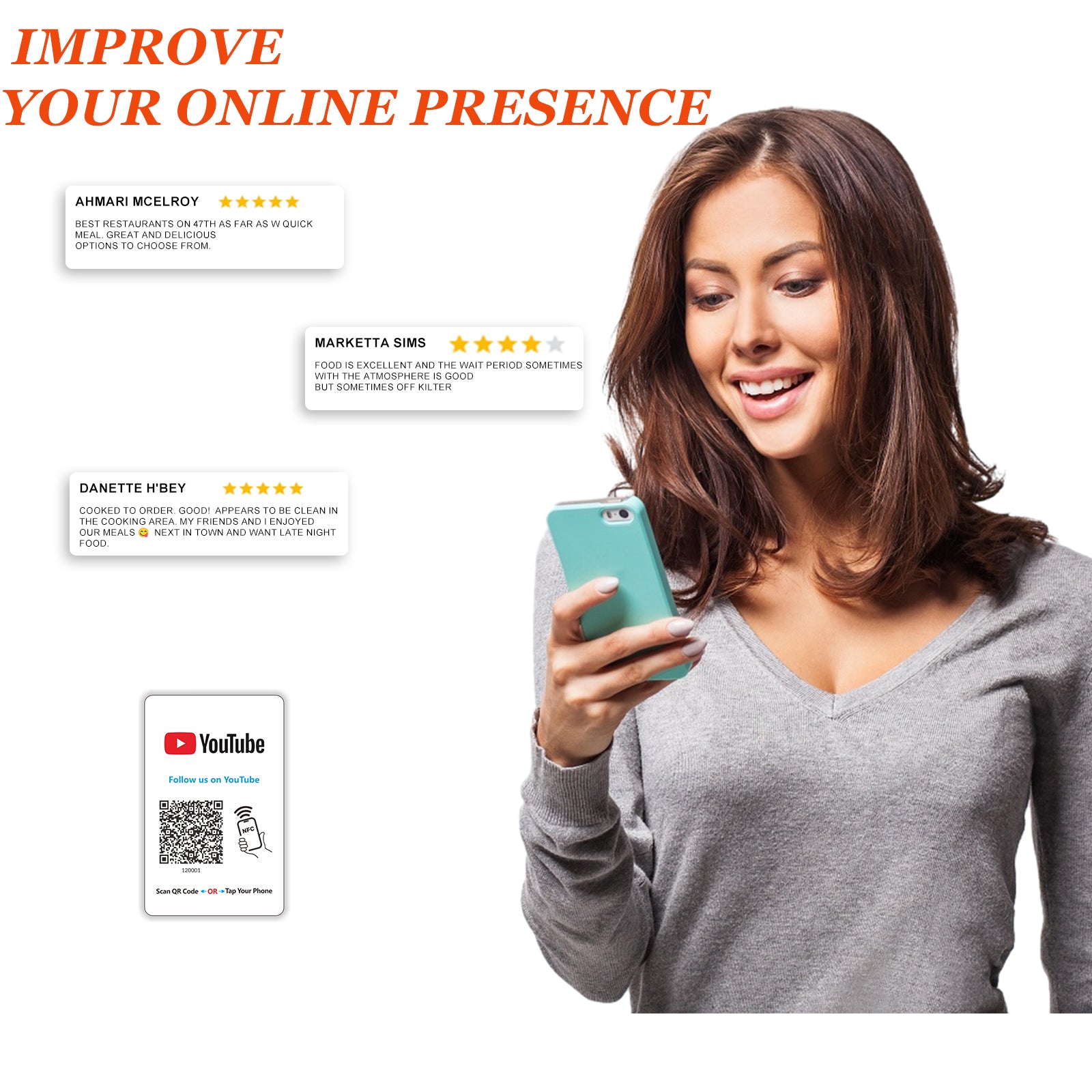 Follow Us On YouTube Card Touchless Reusable QR Code NFC Tap Review Card