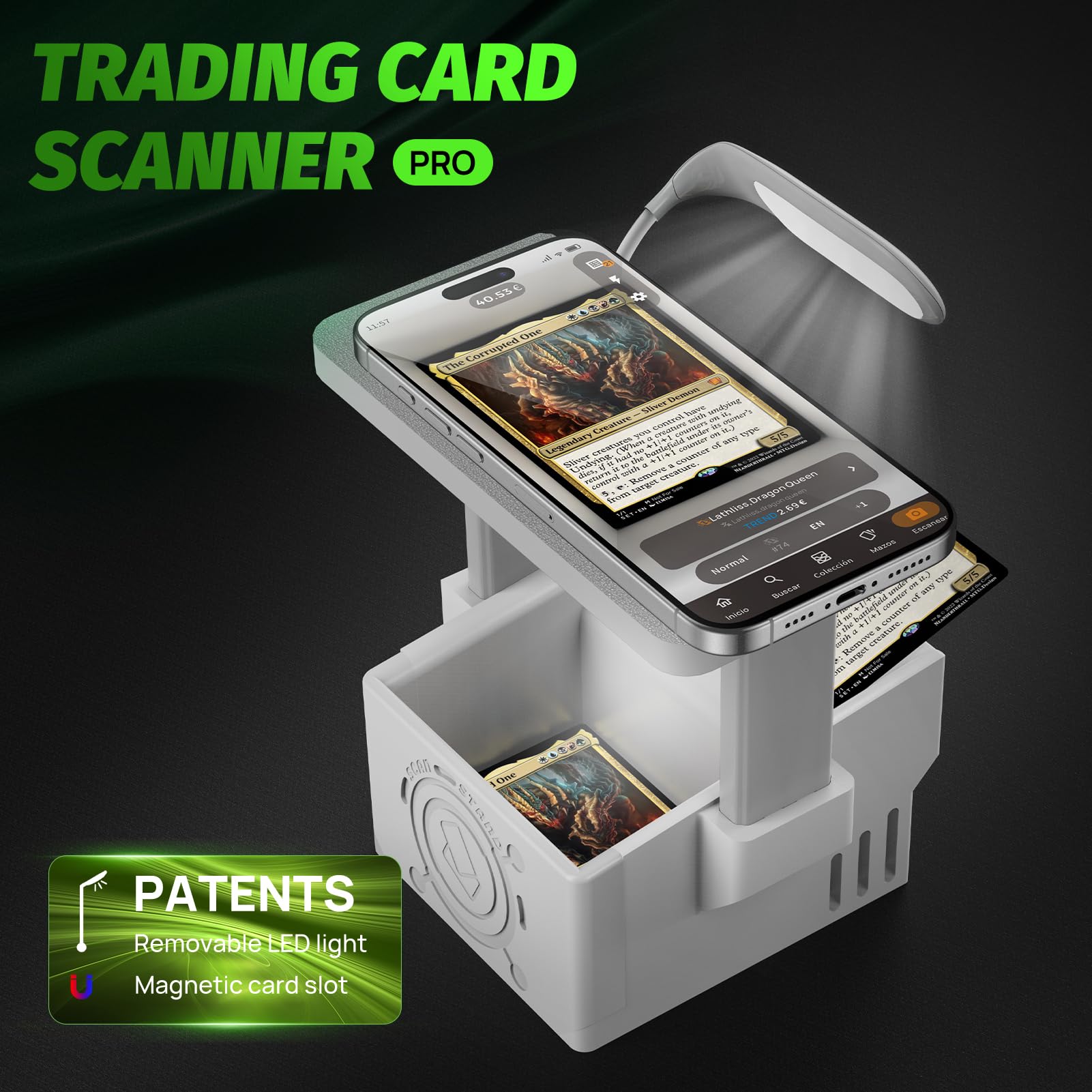 Card Scanner Pro for Trading Cards – MTG & TCG Card Scanner Stand with LED Light and Magnetic Base, Quickly Scan and Price Check Unsleeved Collectible Cards, Compatible with ManaBox and Magic TCG Apps