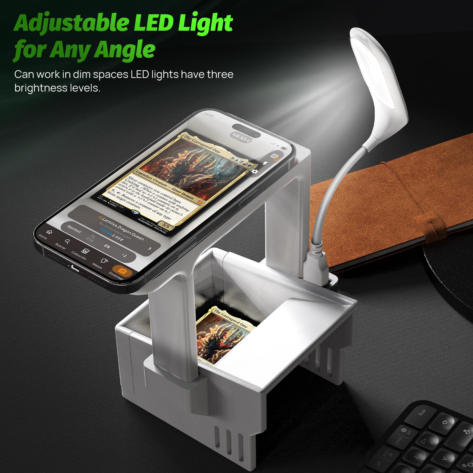 Card Scanner Pro for Trading Cards – MTG & TCG Card Scanner Stand with LED Light and Magnetic Base, Quickly Scan and Price Check Unsleeved Collectible Cards, Compatible with ManaBox and Magic TCG Apps