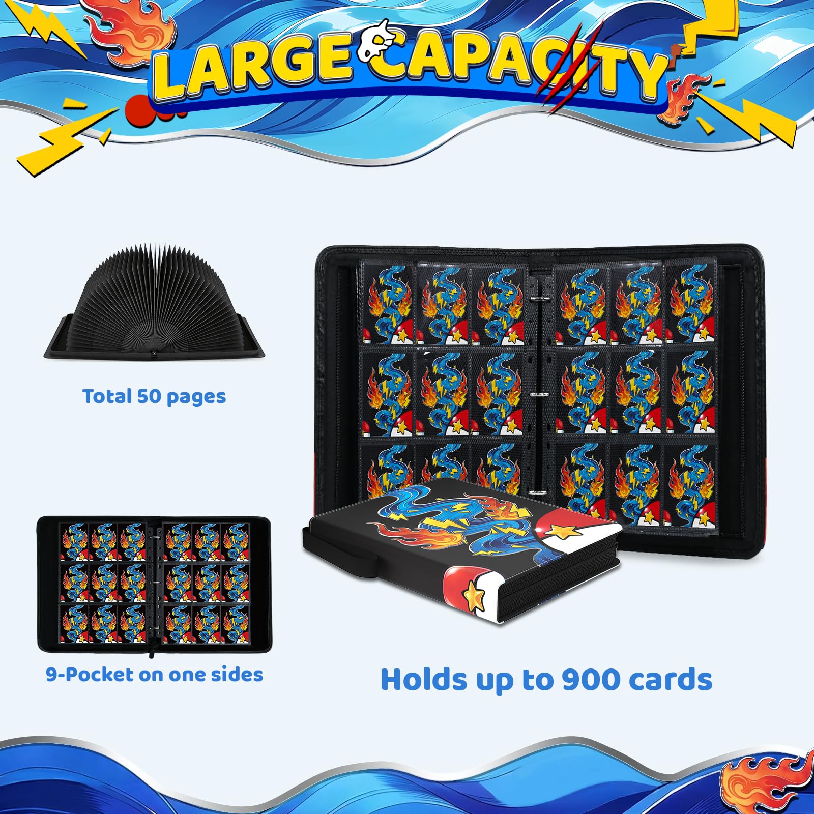 Trading Card Binder, 9 Pocket 900-Pocket with 50 Removable Binder Slee
