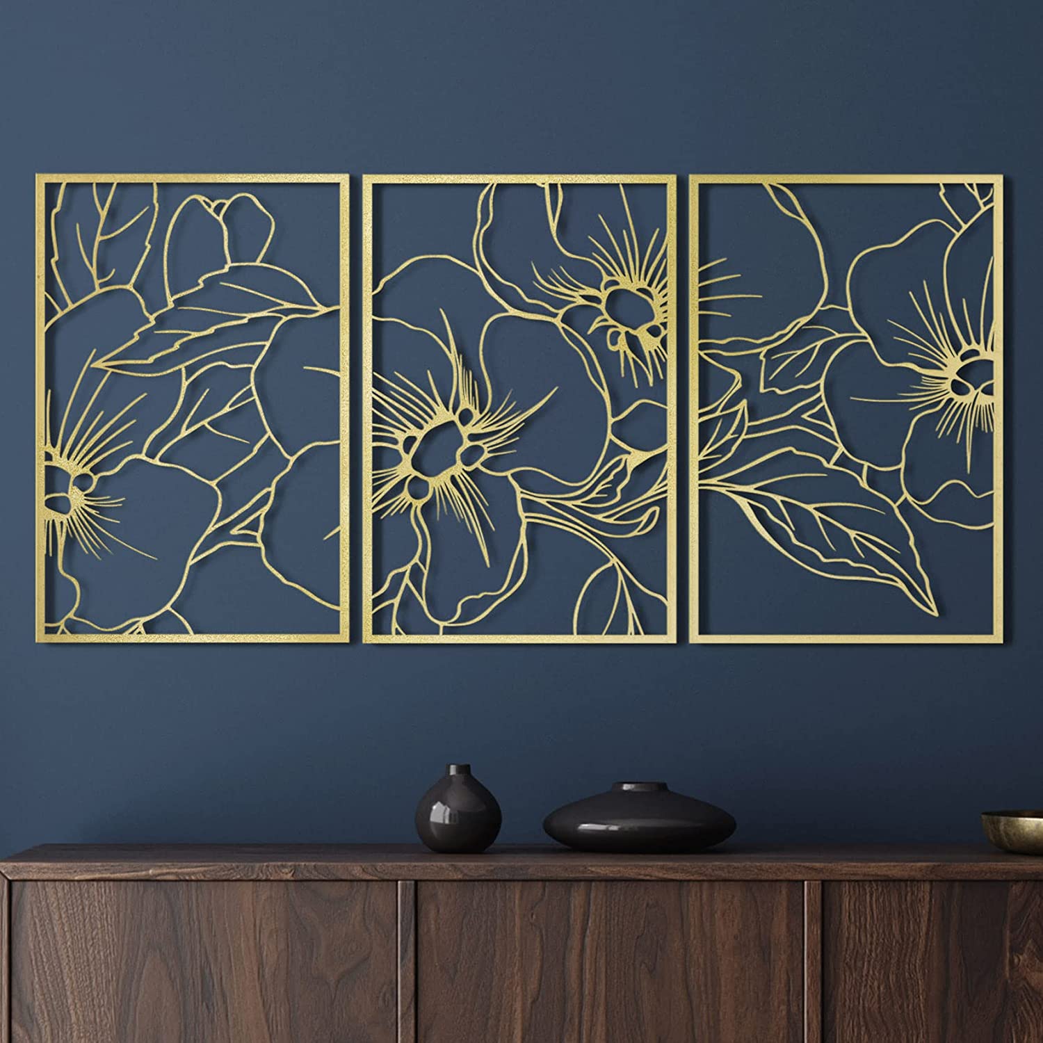 Black/Gold Minimalist Floral Single Line Metal Wall Art Decor - 18"X12" 3 Packs Black Floral Abstract Minimalist Lines Wall signs