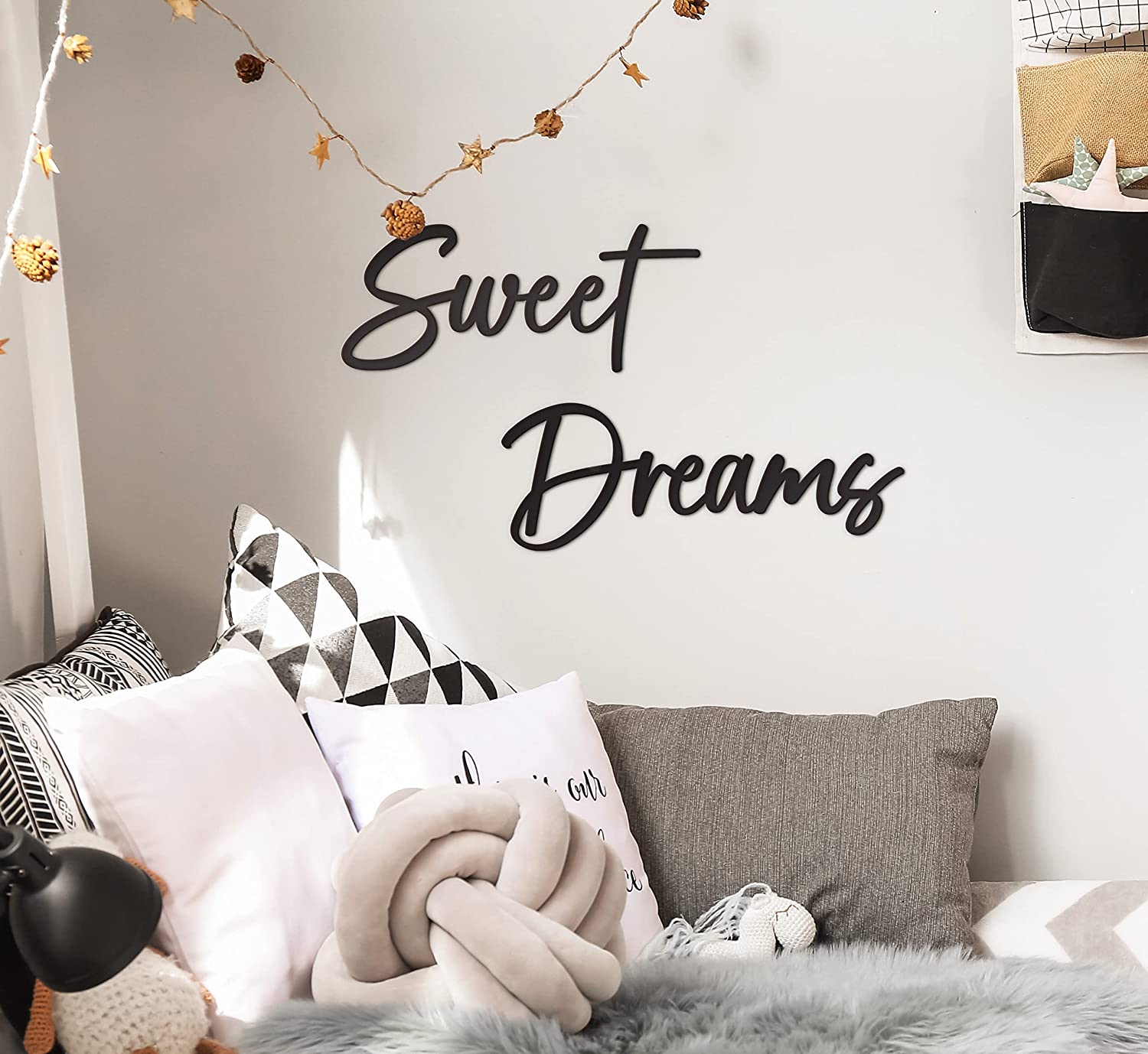 Sweet Dreams Metal Sign Wall Art Decor - 35"X8" Black Modern Sweet Dreams Farmhouse Signs for Hanging Above Bed Wall Decor for Bedroom