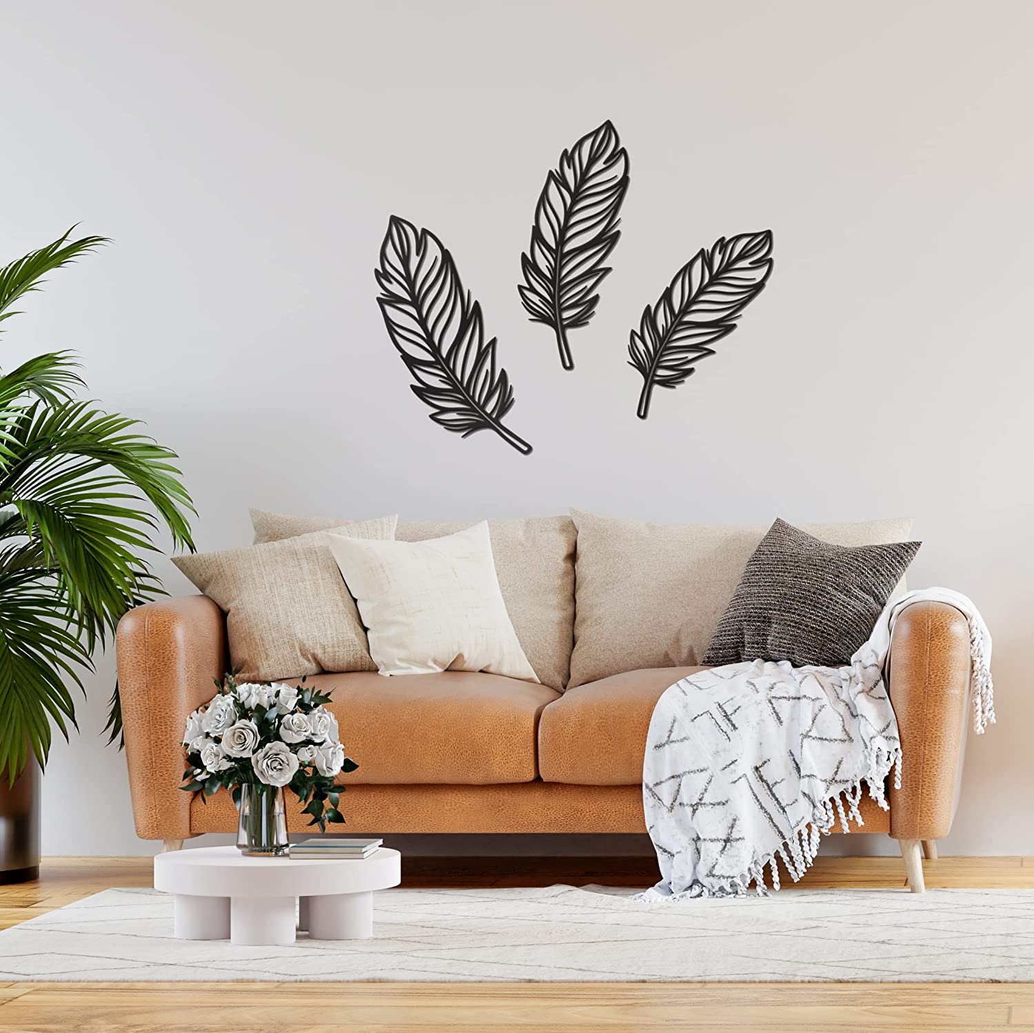 3 PCS Metal Feather Sign Metal Wall Decor - 17"X17" 3 PCS Black Modern Beautiful Boho Feathers Farmhouse Metal Wall Signs