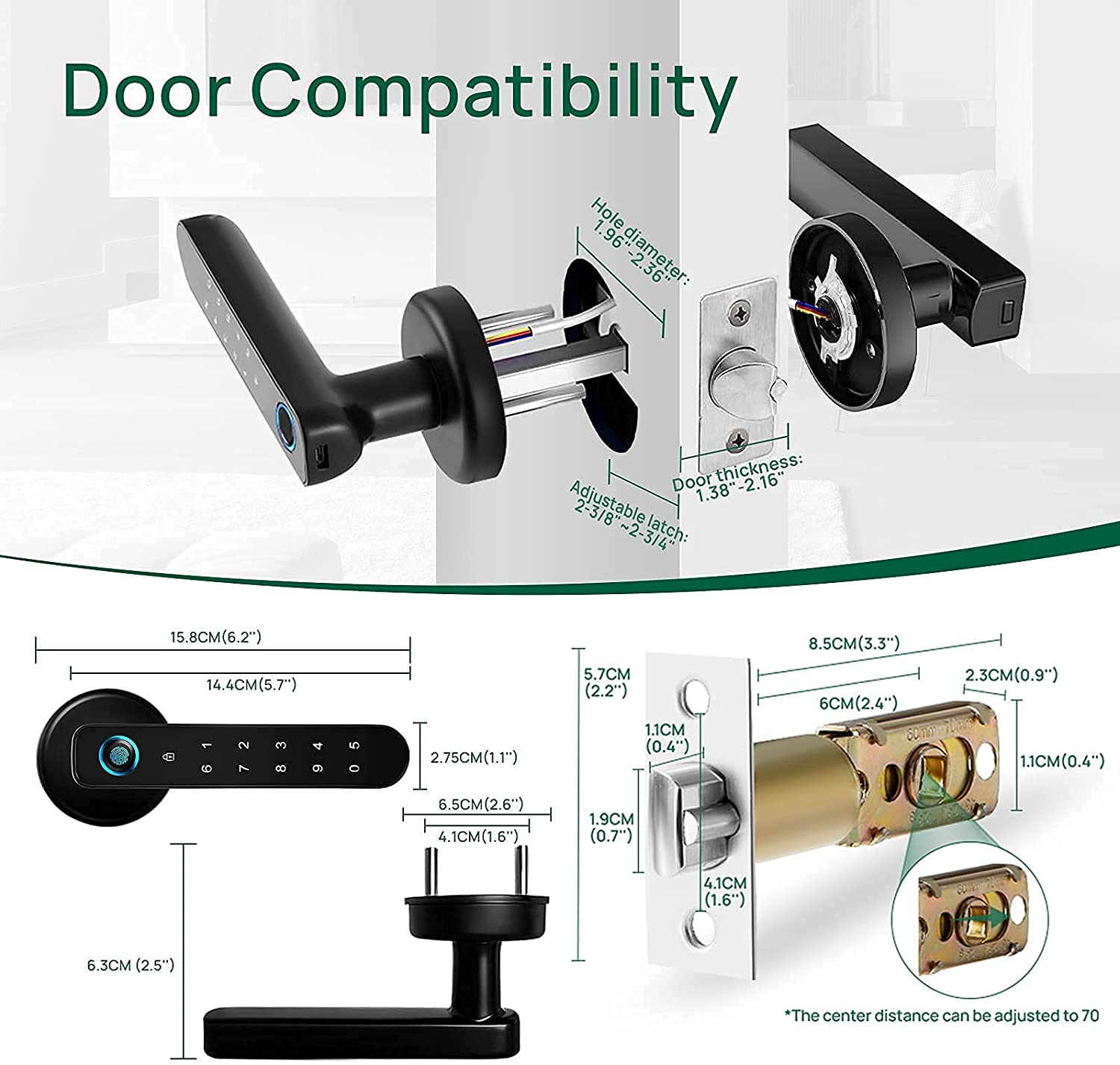 Fingerprint Door Bedroom Lock, 3 in 1 Smart Lock Door with Handle