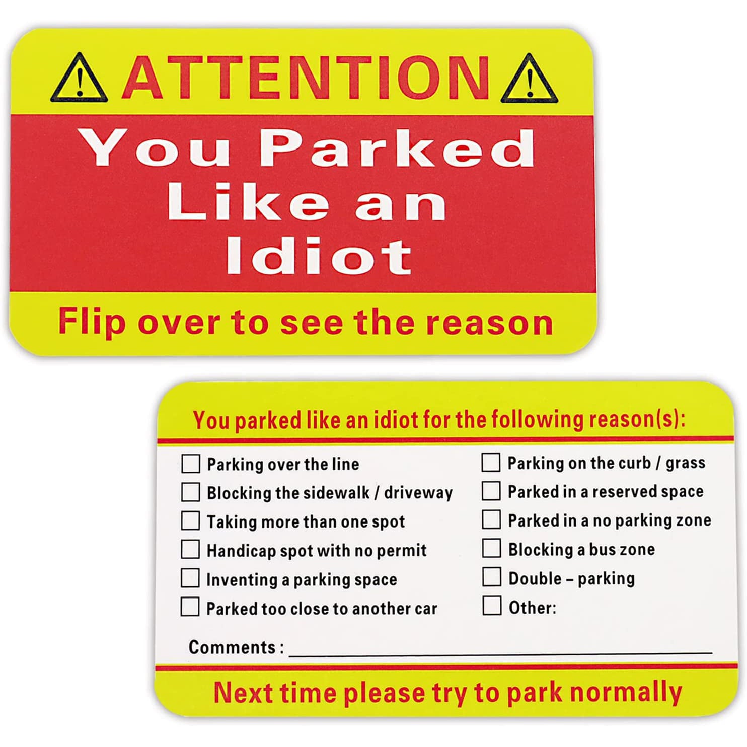 Gialer 100pack You Parked Like an Idiot Cards Bad Parking Cards 3.5"x2" Multi Reasons Violation