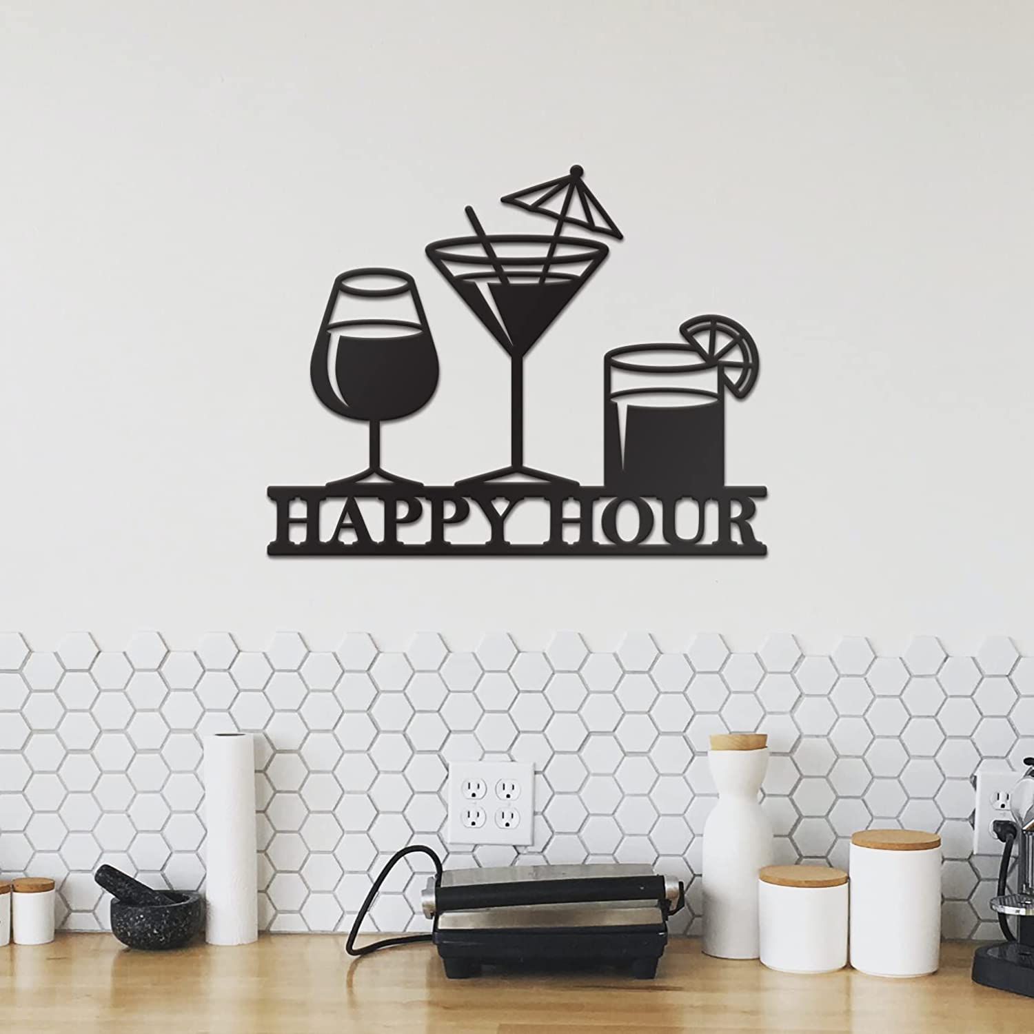 Happy Hour Sign Metal Bar Wall Art - 14"X11" Black Happy Hour Sign Bar Signs for Home Bar Decor Home Bar Signs Wall Art for Bar Out Door Bar Decor