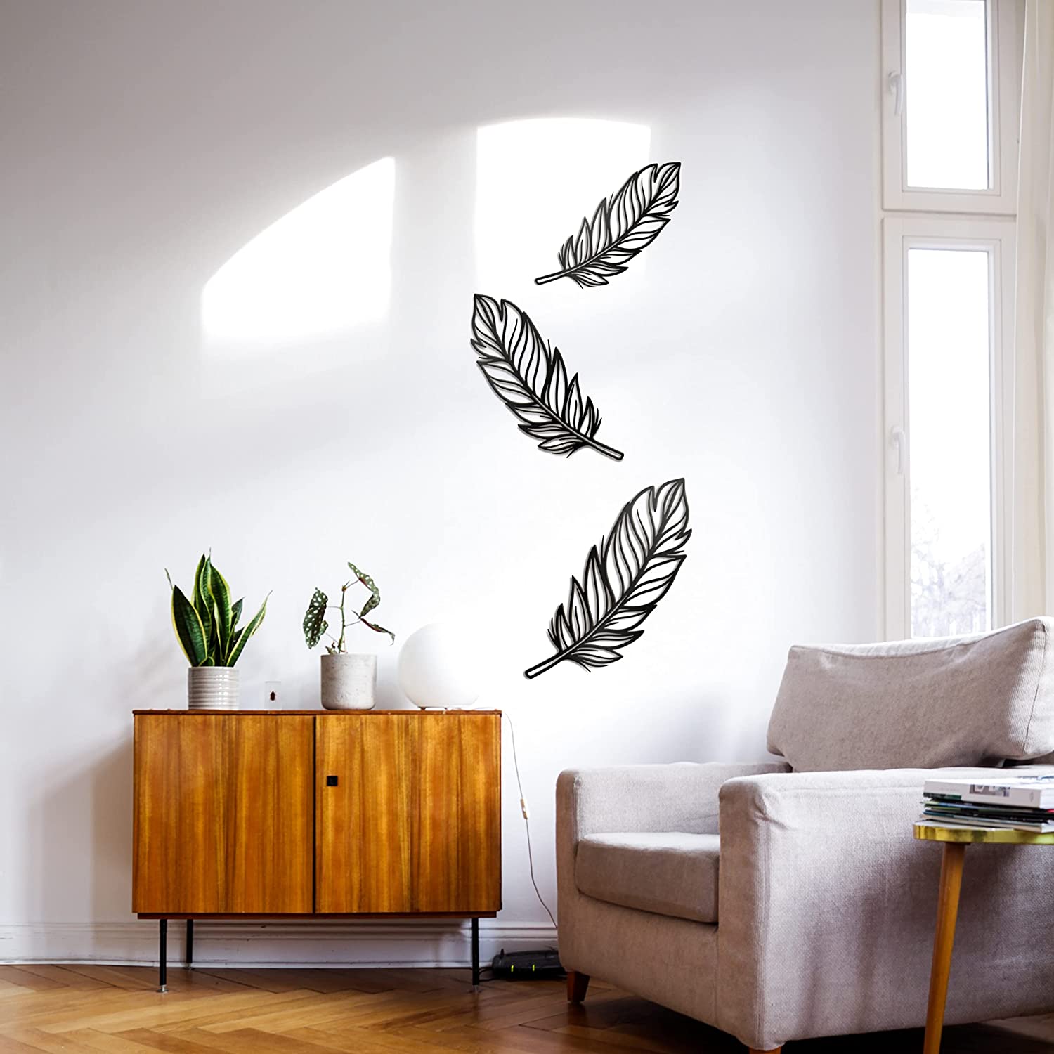 3 PCS Metal Feather Sign Metal Wall Decor - 17"X17" 3 PCS Black Modern Beautiful Boho Feathers Farmhouse Metal Wall Signs