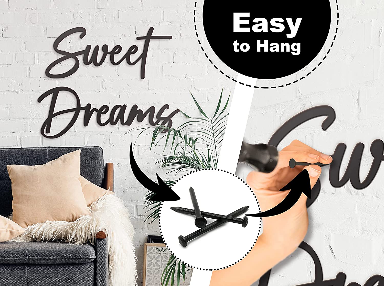 Sweet Dreams Metal Sign Wall Art Decor - 35"X8" Black Modern Sweet Dreams Farmhouse Signs for Hanging Above Bed Wall Decor for Bedroom