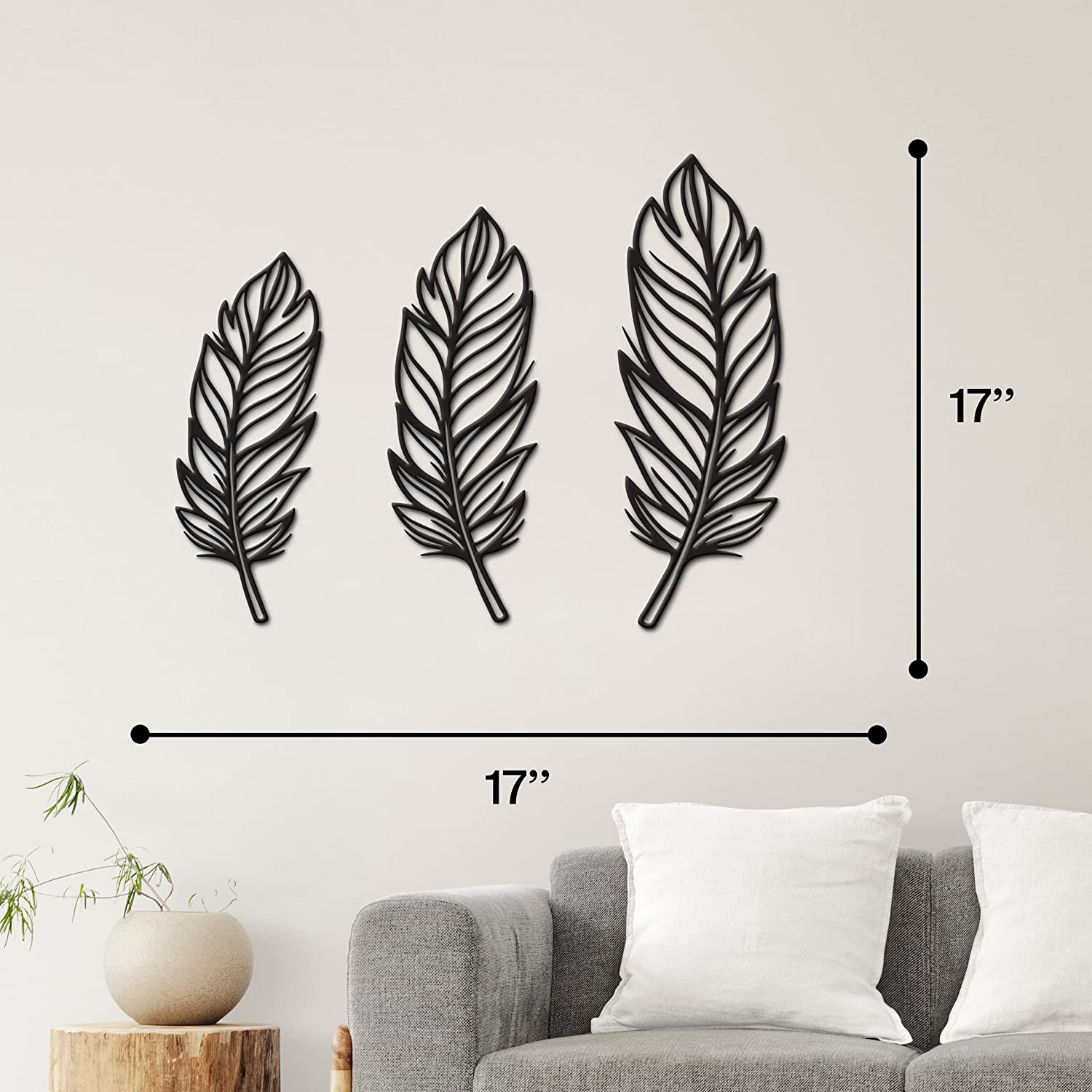 3 PCS Metal Feather Sign Metal Wall Decor - 17"X17" 3 PCS Black Modern Beautiful Boho Feathers Farmhouse Metal Wall Signs