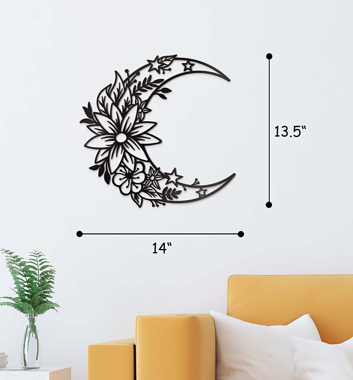 Moon Metal Floral Art Decor - 14"X13.5" Black Phase Wall signs for Half Moon Flower Sculpture Hanging Wall Decor for Bedroom