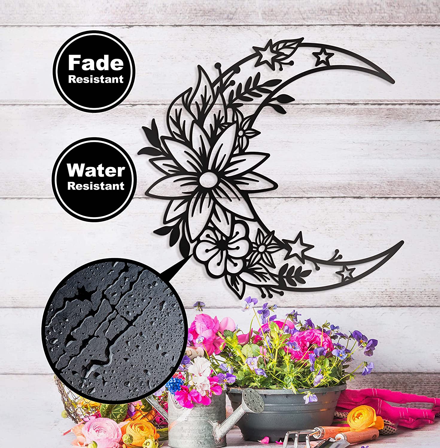 Moon Metal Floral Art Decor - 14"X13.5" Black Phase Wall signs for Half Moon Flower Sculpture Hanging Wall Decor for Bedroom