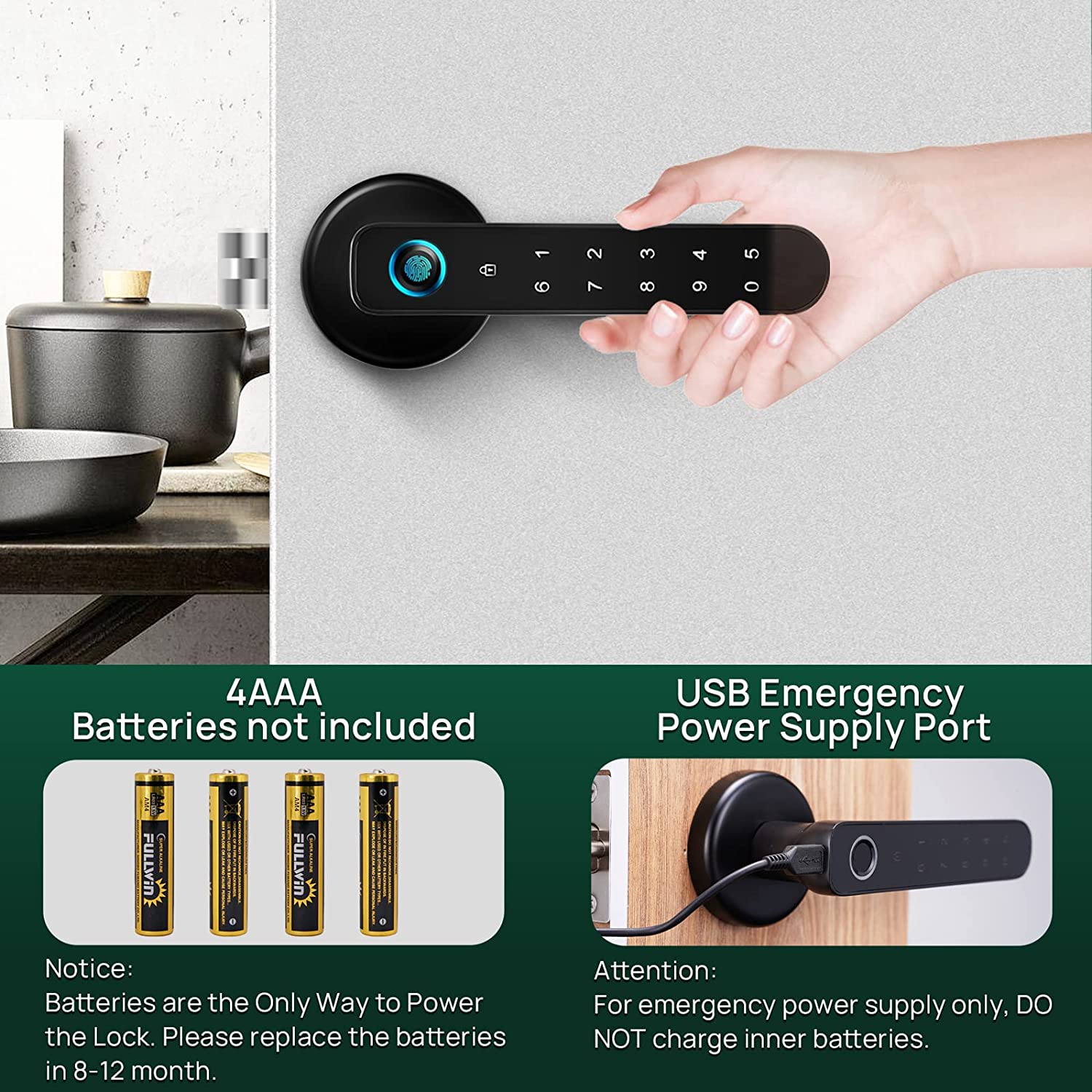 Fingerprint Door Bedroom Lock, 3 in 1 Smart Lock Door with Handle