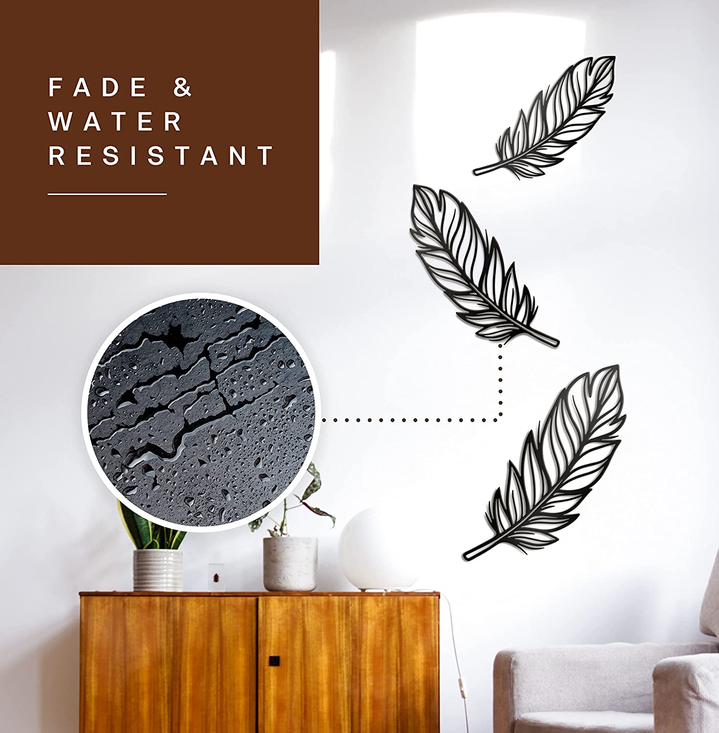 3 PCS Metal Feather Sign Metal Wall Decor - 17"X17" 3 PCS Black Modern Beautiful Boho Feathers Farmhouse Metal Wall Signs