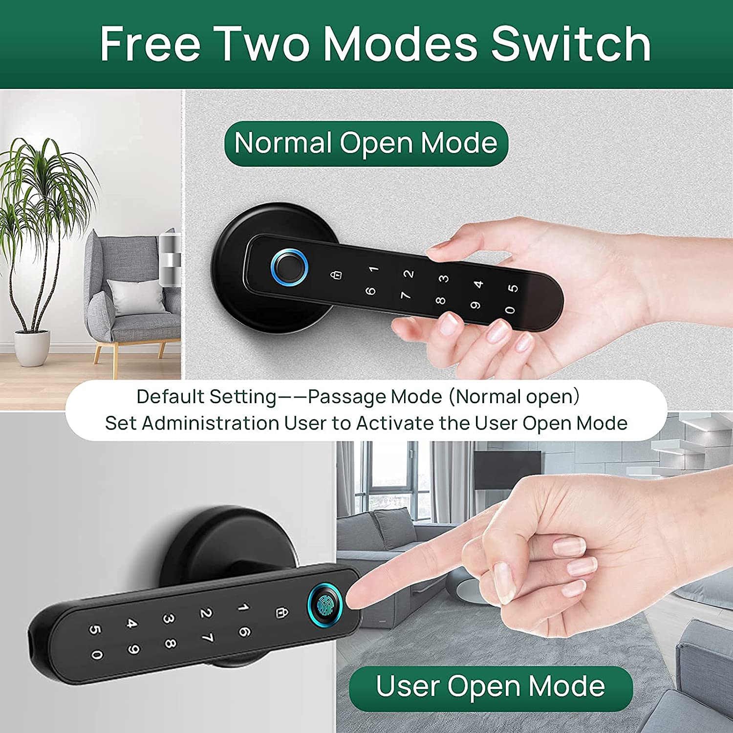 Fingerprint Door Bedroom Lock, 3 in 1 Smart Lock Door with Handle