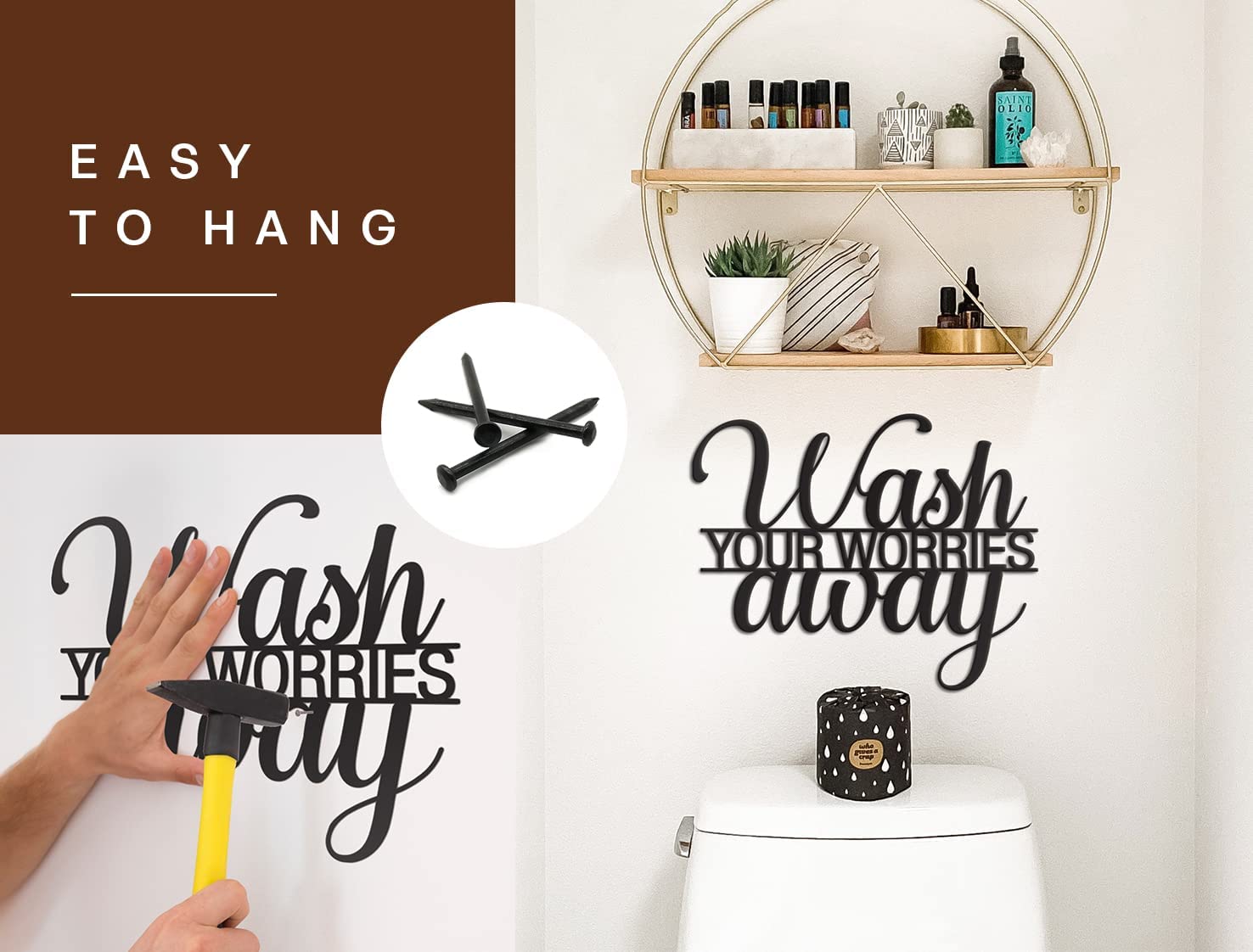 Wash Your Worries Away Sign Metal Wall Decor - 14"X11" Black Modern Be