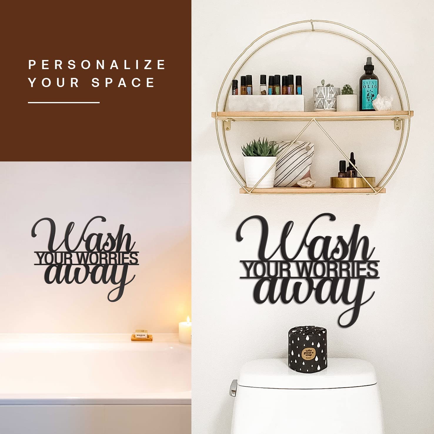 Wash Your Worries Away Sign Metal Wall Decor - 14"X11" Black Modern Be