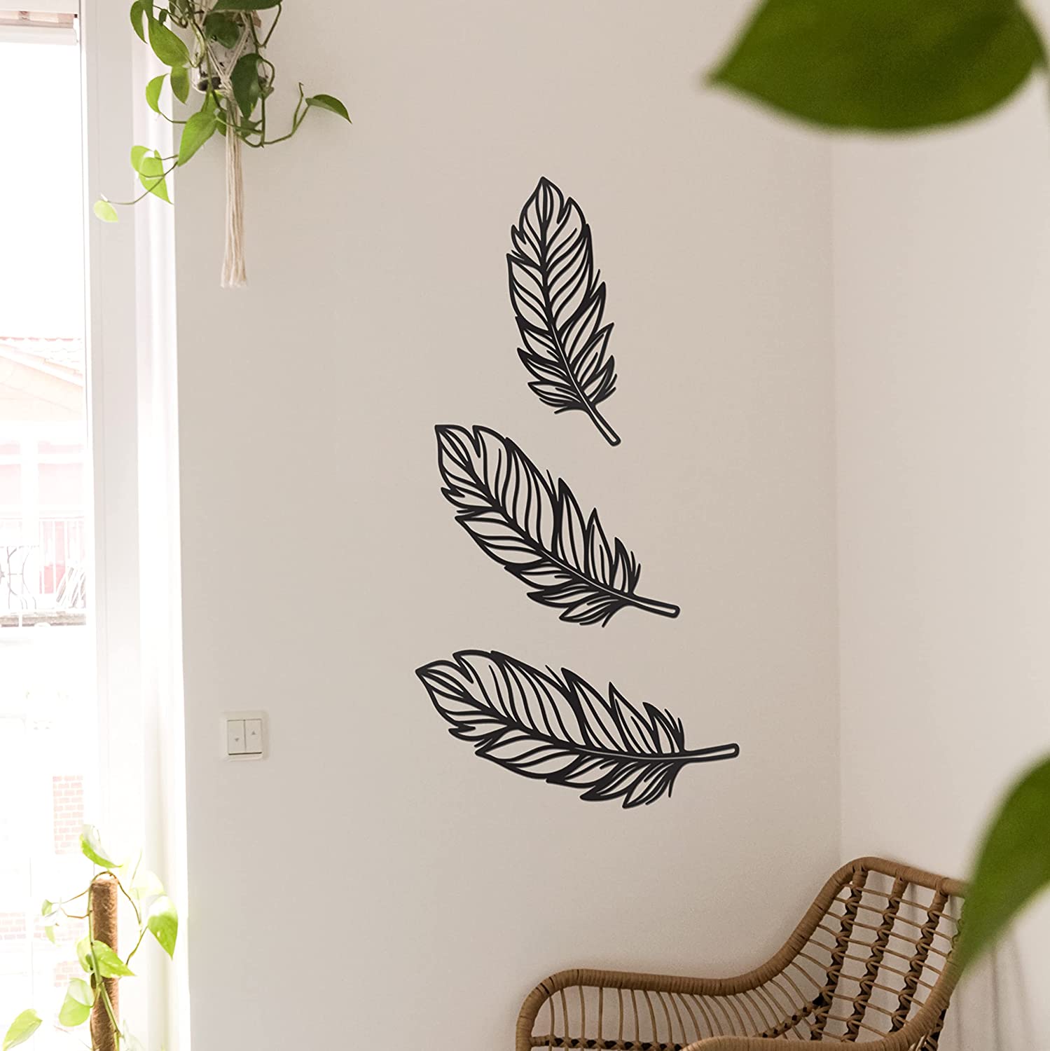 3 PCS Metal Feather Sign Metal Wall Decor - 17"X17" 3 PCS Black Modern Beautiful Boho Feathers Farmhouse Metal Wall Signs